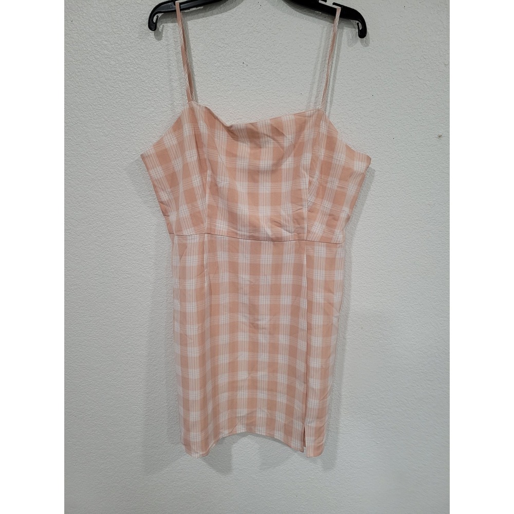 BP Nordstrom Peach White Plaid Cami Mini Dress Large Square Neck Women's #22
